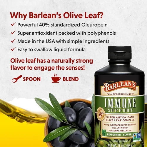 Miniatura 3 de Barlean's Suplemento líquido de apoyo inmunológico con complejo de hoja de olivo de menta, 95 mg de antioxidantes de oleuropeína, 16 onzas