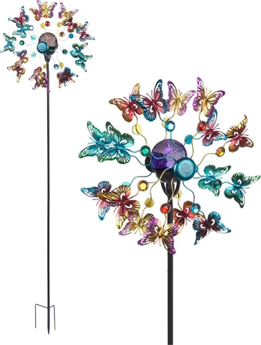 Alpine Corporation Molinillos de viento solares de mariposa de metal para exteriores de 60 pulgadas de alto con luces LED que cambian de color,