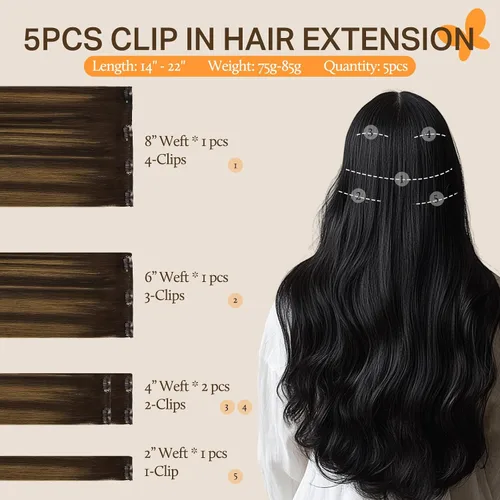 Miniatura 2 de DOORES Extensiones de cabello humano con clip, de 18 pulgadas, balayage, de color marrón oscuro a castaño con clip, 5 unidades, 2.33 onzas, trama