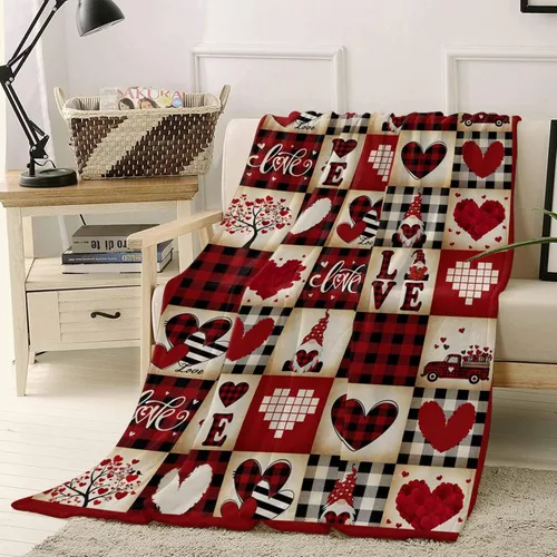 Manta de franela de lana cuadriculada vintage, de San Valentín, romántica de gnomo, de lujo, cómoda, suave, para el Día de la Madre, retro, a Rojo