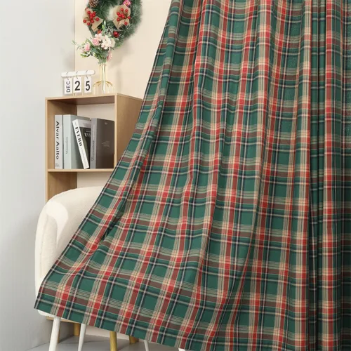 Miniatura 7 de Juego de cortinas tartán de 2 cortinas escocesas clásicas semi opacas con ojales en la parte superior, lavables a máquina, verde y rojo 52" de ancho