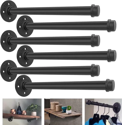 Paquete de 6 soportes industriales para estantes de tubos de 12 pulgadas, soporte flotante de tubo de hierro de 12 pulgadas, negro resistente,