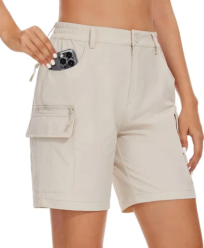 MAGCOMSEN Pantalones cortos tipo cargo de senderismo para mujer de 7 pulgadas con 6 bolsillos, cintura alta, pantalones cortos de verano ligeros de
