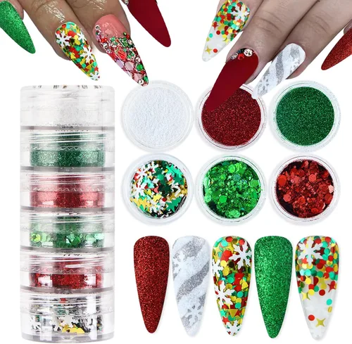 Dijes de uñas de Navidad con purpurina en polvo rojo y verde para uñas, lentejuelas, holográfico, blanco, diamante, hielo, aurora, azúcar, arena,