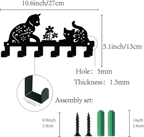 Miniatura 2 de CREATCABIN Soporte de metal para llaves, ganchos negros para colgar en la pared, organizador colgante decorativo con 6 ganchos, patrón de gato