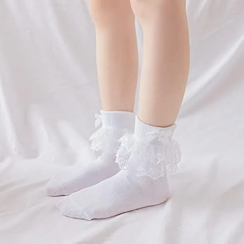 Miniatura 3 de 2 pares de calcetines de primera comunión con perlas de lazo blanco con volantes para bautizo, calcetines de bautismo con capas de encaje para bebé