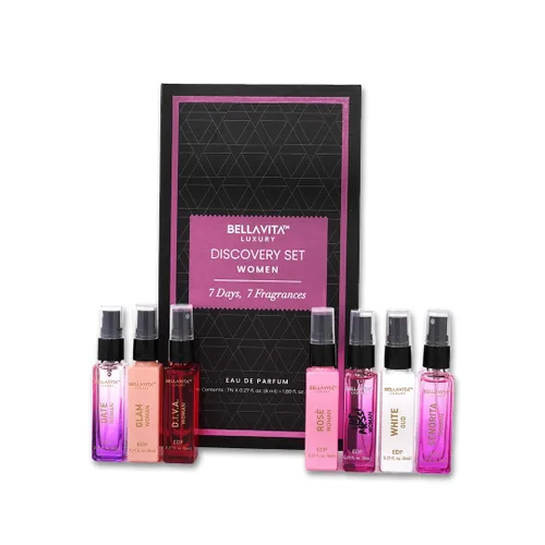BellaVita Luxury Set de Descubrimiento de Perfumes para Mujeres (7x8ml) | Mini Set de Regalo de Perfumes para Mujeres con Rosa, OUD y Pimienta |