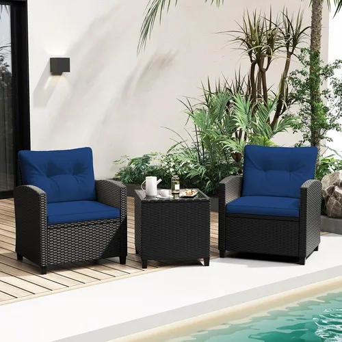 Miniatura 22 de RELAX4LIFE Juego de muebles de patio de 3 piezas, juego de conversación de mimbre con 2 sillones acolchados y mesa con tapa de cristal, juego