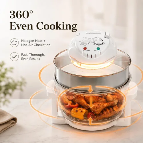 Miniatura 4 de Freidora de aire de vidrio grande de 18 cuartos – Cocina de circulación halógena y de aire caliente visible en 360°, 1200–1400 W, control preciso