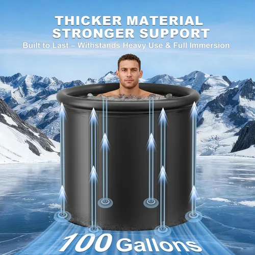 Miniatura 3 de Tina de baño de hielo XL de 100 galones para inmersión en frío, vaina de hielo inflable portátil con tapa aislada y válvulas dobles, bañera