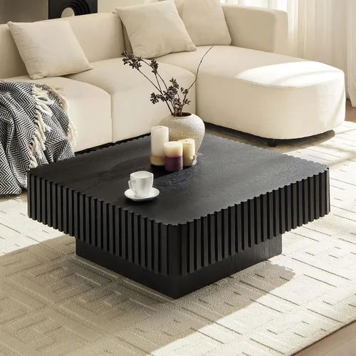 Miniatura 8 de Mesa de Centro Cuadrada de 35.43'' para Sala de Estar Mesa de Centro Acanalada Mesa Central Moderna con Pedestal para Apartamento Negro