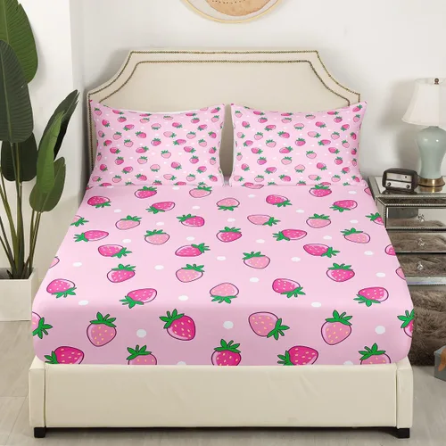 Miniatura 3 de Erosebridal Juego de sábanas de fresa, tamaño individual, diseño de fresa rosa para niñas y niños, sábana bajera ajustable de frutas tropicales