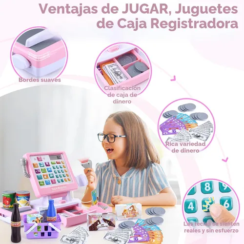 Miniatura 5 de PLAY Caja registradora de juguete para niños - Juguetes de simulación de calculadora con micrófono/transportadores/dinero de juguete/escaner/tarjeta