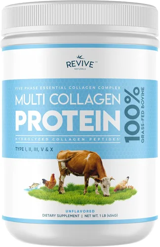 Revive Naturals Multi Colágeno Hidrolizado Polvo de Proteína (16oz) - Tipos I, II, III, V y X - Bovino Alimentado con Pasto, Marino Pescado Salvaje,