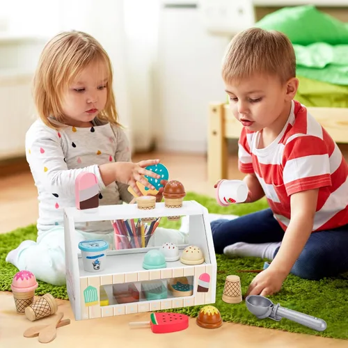Miniatura 7 de ZJEFUNS - Juguetes de helado de madera para niños, mostrador de helados para niños pequeños, juego de simulación de alimentos, servir con cuchara