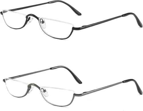 Miniatura 12 de Lentes de lectura de media lectura, 2 pares de lentes con marco de metal de medio borde, lectores de bisagra de resorte con bolsa de cuero para Azul
