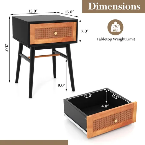 Miniatura 3 de Giantex Mesita de noche de ratán, mesa auxiliar bohemia con cajón de almacenamiento decorado de ratán y patas de madera maciza, mesita de noche