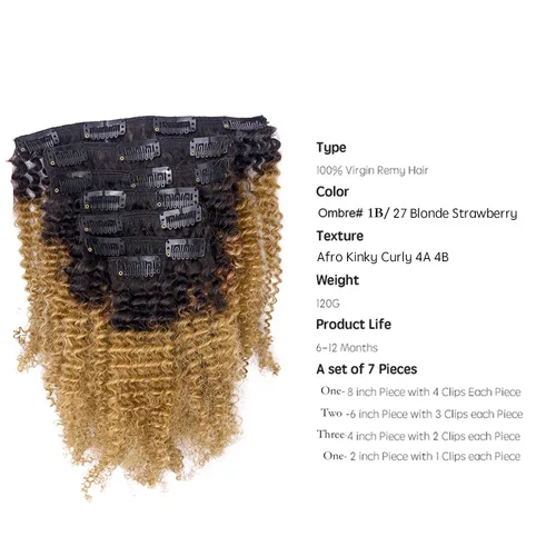 Miniatura 2 de Loxxy Afro rizado extensiones de clip grueso 100 % virgen Remy cabello humano 4B 4C negro natural 7 piezas con 17 clips 4.23 onzas/120 g por juego