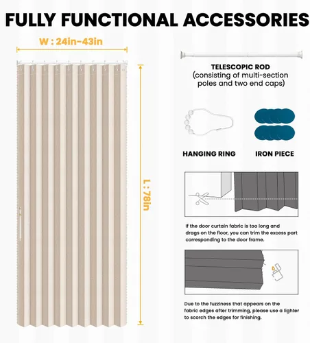 Miniatura 4 de AJAZZ Conjunto: Barras para cortinas sin perforación (28-39" de ancho) y cortina acordeón para puerta, beige 43" de ancho × 78" de largo, puertas