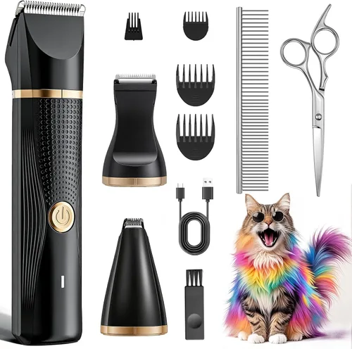 Kit de cortapelos para gatos con recortador de patas, suministros eléctricos 3 en 1 para cabello grueso y enmarañado, afeitadora de trasero de Negro