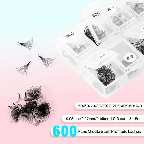 Miniatura 3 de VAVALASH 600 abanicos Extensiones de pestañas postizas en abanico 5D-24D, abanicos de pestañas postizas premontados con base delgada, extensión