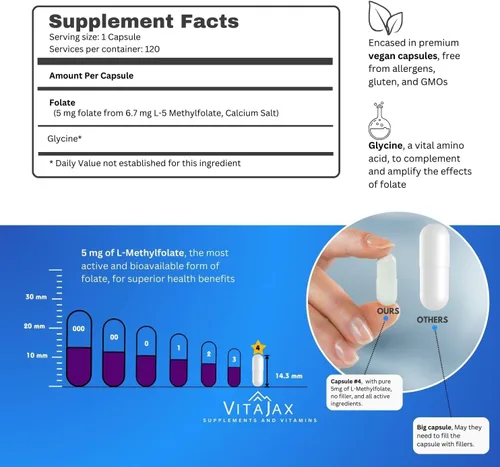 Miniatura 3 de L Metilfolato 5 mg 120 cápsulas Paquete económico Potencia máxima Folato activo Sin gluten Folato de metilo 5-MTHF Sin relleno