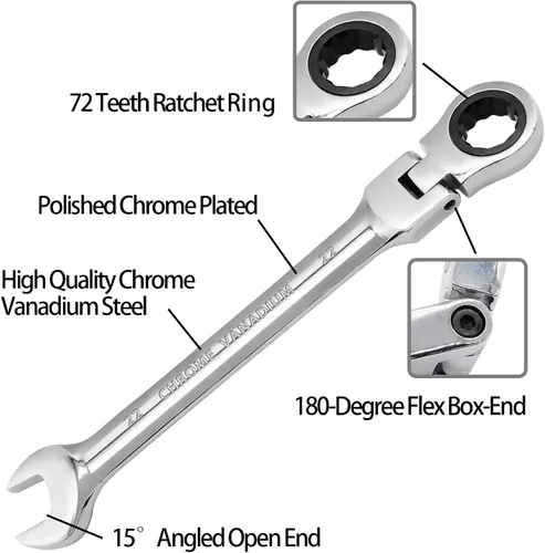 Miniatura 4 de Llave de trinquete de cabeza flexible de 22 mm, llave combinada de 12 puntos de acero cromado vanadio con engranaje de trinquete de 72 dientes