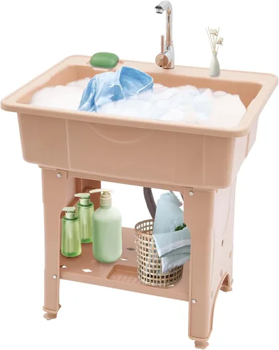 Miniatura 16 de Fregadero de lavandería de plástico independiente blanco con tabla de lavadero, fregadero de utilidad para interiores y exteriores con grifo de agua