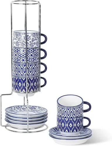 Miniatura 10 de Selamica Tazas de café expreso de cerámica con platillos y soporte de metal, tazas demitasse apilables de 2.5 onzas para café expreso, latte, café