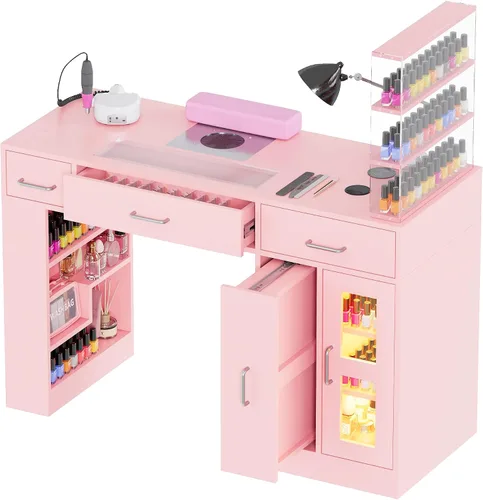 Miniatura 10 de Kikihouse Mesa de Manicura para Técnico de Uñas con Tapa de Vidrio y Cajón, Mesa para Técnico de Uñas con Estantes Móviles, Colector de Polvo, Carga