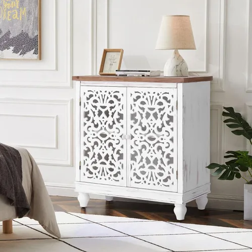 Miniatura 2 de PHI VILLA Gabinete de Acento Blanco con Puertas, Aparador Buffet Estilo Granja con Gabinetes Pequeños Tallados Calados