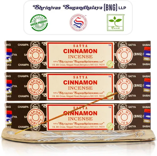 Barras de incienso de canela Satya, inciensos Satya Bng (Bangalore) 15gx3 paquetes con paquete de soporte de incienso Raajsee, incienso natural