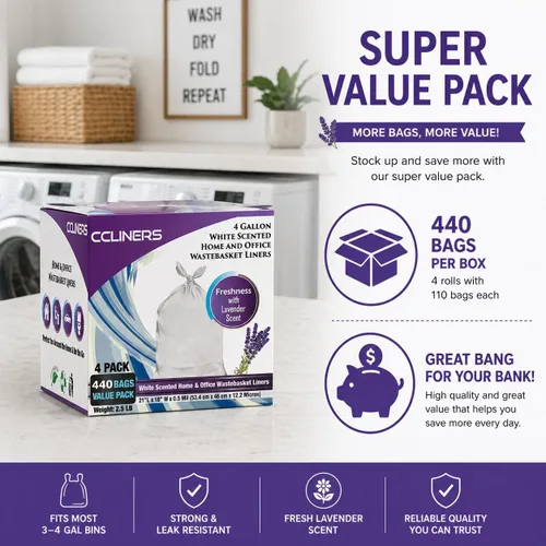 Miniatura 7 de Bolsa de basura de 4 galones con aroma a lavanda (440 unidades) bolsas de basura pequeñas para baño, bolsas de basura blancas para el hogar, cocina