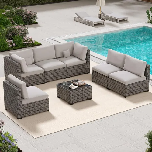 Miniatura 8 de LHBcraft Juego de muebles de patio de 7 piezas, seccionales para exteriores, tejido manual para todo tipo de clima, sofá seccional de mimbre de Ye-bk