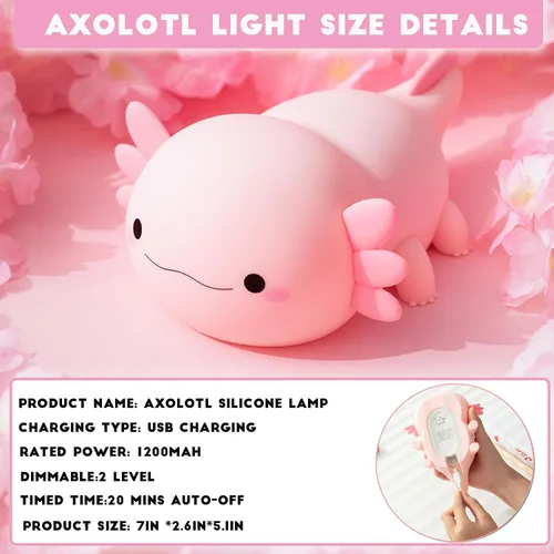 Miniatura 5 de HAPPYBAG Axolotl - Lámpara de noche para niños, bonita lámpara de ajolote de silicona regulable para guardería, lámpara táctil recargable Kawaii