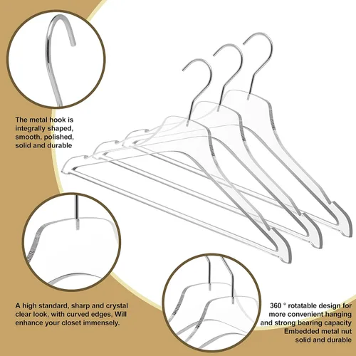 Miniatura 2 de Paquete de 5 perchas de acrílico transparente de calidad con barra cromada para ropa, pantalones, chaquetas de traje, abrigos y camisas