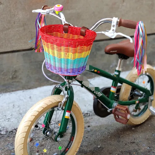 Miniatura 2 de Cesta de bicicleta para niños, cesta de mimbre, cesta de bicicleta para manillar para niñas con collar de unicornio, campana de bicicleta