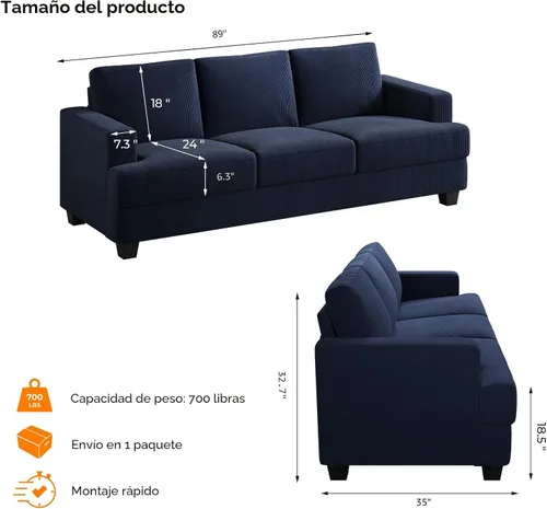 Miniatura 2 de COPIAE Sofá de 226 cm con asientos extraprofundos, sofá de 3 plazas para sala de estar, sofá moderno y cómodo, con apoyabrazos y asientos y Azul