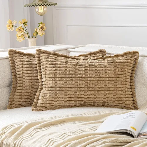 Miniatura 10 de MIULEE - Juego de 2 fundas de almohada decorativas de terciopelo de pana, naranja quemado, para otoño, suaves, a rayas, con borde ancho, decoración