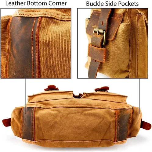 Miniatura 5 de Bolsa de mensajero para portátil vintage, de lona, de cuero, bandolera, bolso de hombro para computadora, viaje, oficina, bolso de mensajero