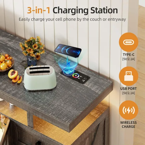 Miniatura 3 de Gurexl Buffet de granja con almacenamiento, aparador LED de 40 pulgadas de ancho con estación de carga inalámbrica, barra de café RGB con sensor