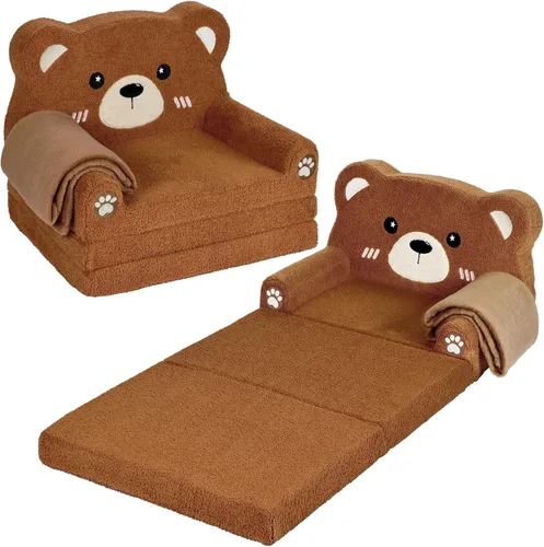 Foryoomi Sofá para niños, sofá de bebé de 2 en 1 suave con manta plegable, silla cómoda, sofá de felpa convertible plegable, regalos para niños Oso