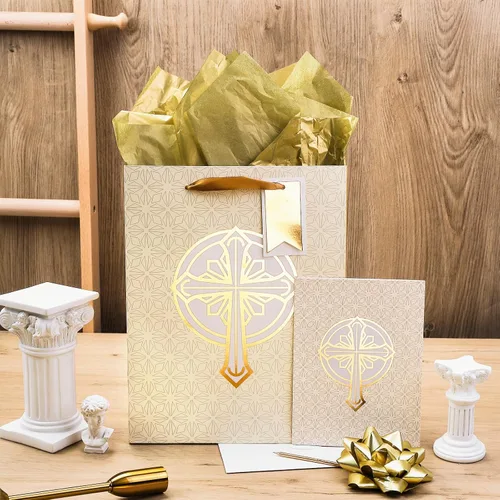 Miniatura 3 de LeZakaa Bolsa de regalo de cruz de 13 pulgadas, bolsa de regalo cristiana dorada con papel de seda, etiqueta de regalo y tarjeta para bautizos