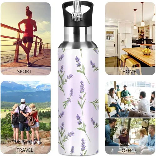 Miniatura 5 de Lavender Flowers Green Leaves Insulated Stainless Steel Water Bottle with Straw 20 Oz, BPA-Free Sports Water Bottle Leakproof Water Bottles