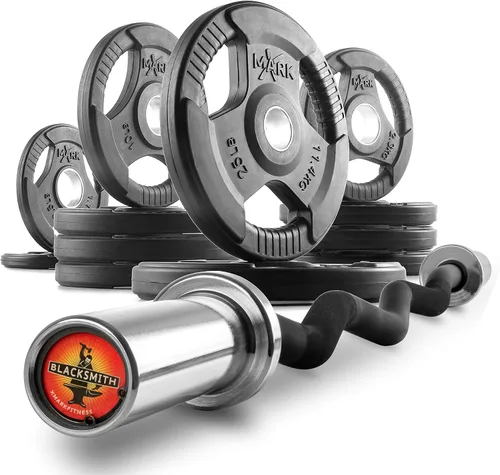 Miniatura 5 de XMark Olympic Bar - Barra rizadora con pesas, par de pesas olímpicas o juego de placas de peso olímpicas TRI-GRIP, calidad premium, revestimiento