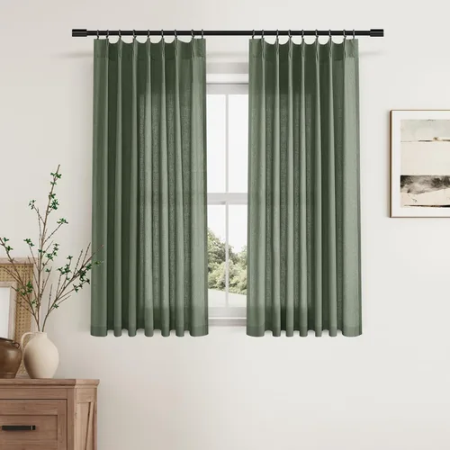 Aersas Cortinas de lino plegadas con pinza verde oliva de 45 pulgadas de largo para cocina, con ganchos, etiqueta en la parte posterior, filtrado de