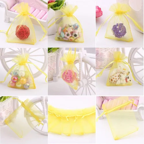 Miniatura 7 de Dealglad 100pcs Drawstring Organza bolsas de joyería caramelo para fiestas, casamientos, regalos Amarillo