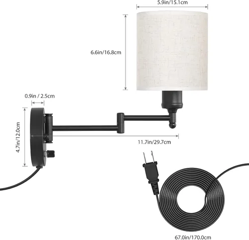 Miniatura 5 de CADUKE Juego de 2 lámparas de pared enchufables, lámparas de pared con brazo oscilante, modernos apliques de pared para dormitorio con pantalla