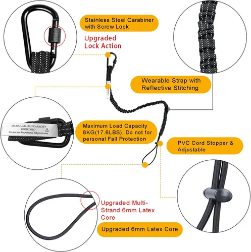 Miniatura 2 de Paquete de 3 cordones retráctiles para herramientas, correa de seguridad para herramientas de protección contra caídas con mosquetón de bloqueo