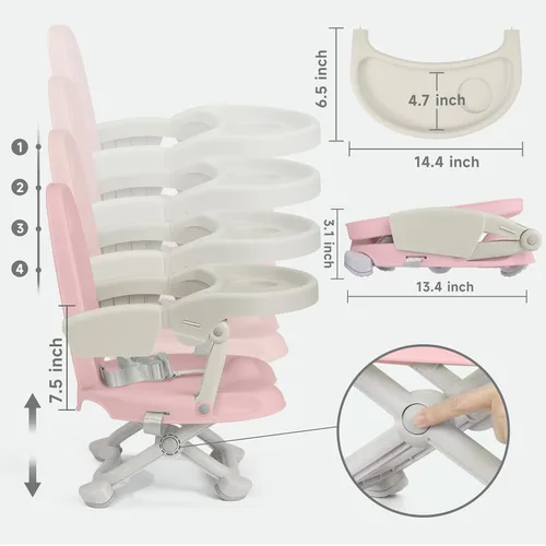 Miniatura 4 de YOLEO Silla alta para bebé, asiento elevador para mesa de comedor, sillas altas plegables con alturas ajustables, asiento elevador de viaje con Rosa